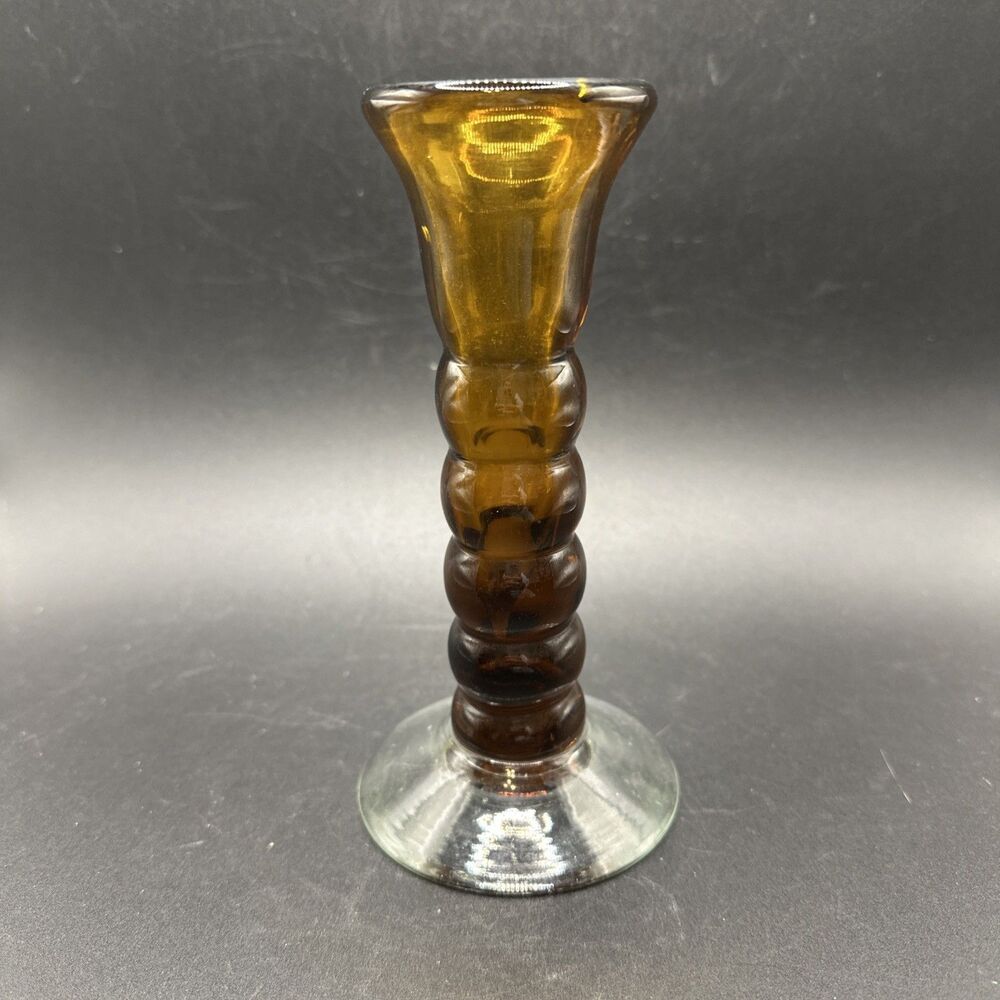 Vtg Hand Blown Amber Glass Ribbed Swirl Candle Stick Holder Clear Pedestal Base